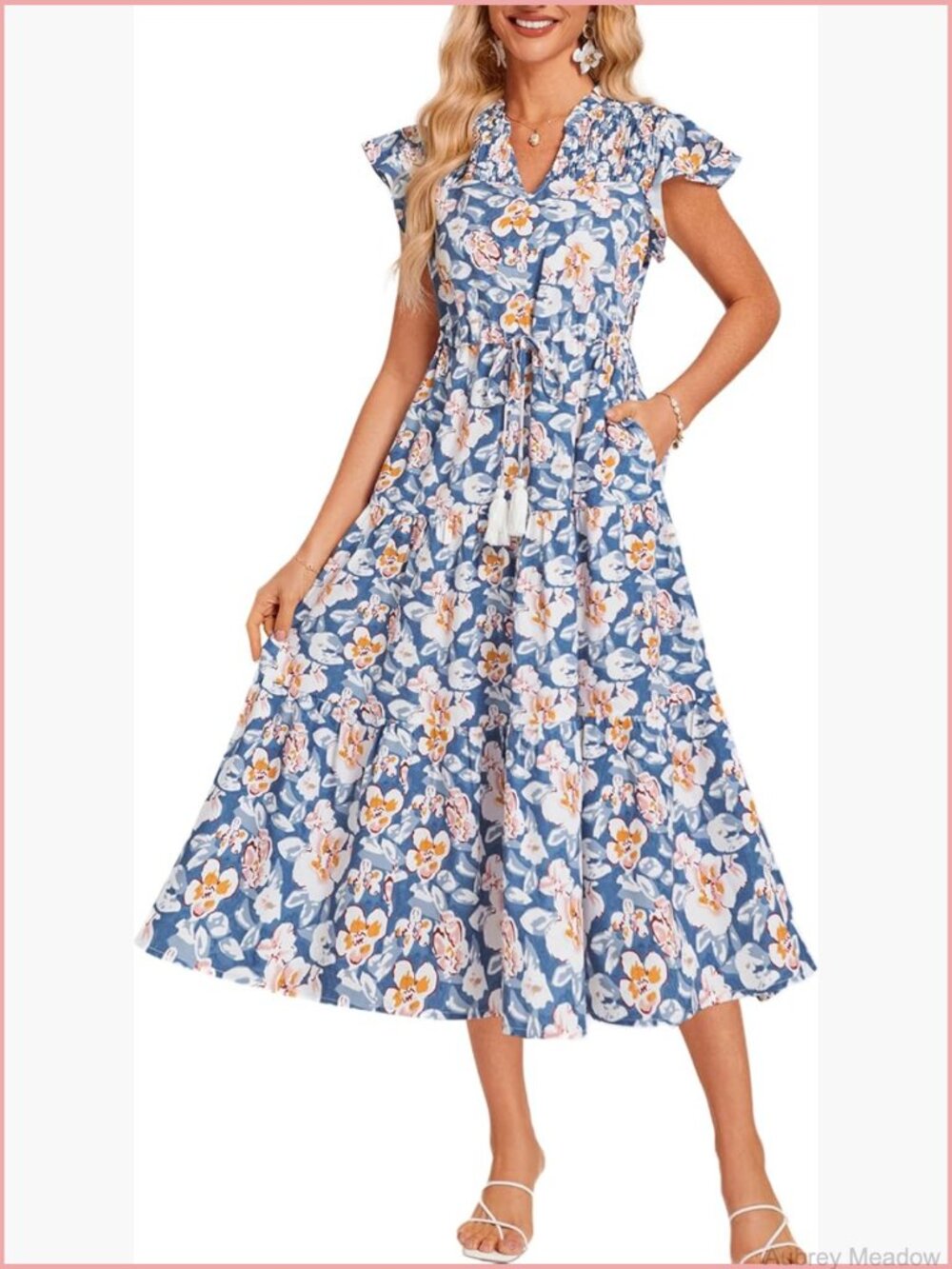 Floral Midi Dress Short Sleeve Flowy A-Line with Pockets for Wedding Guest